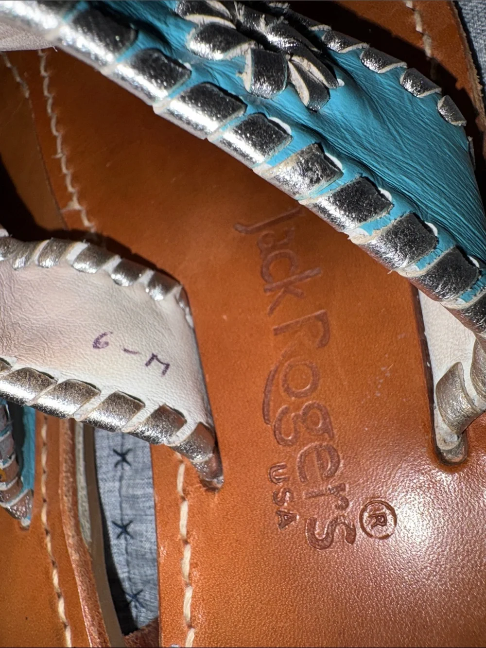 Jack Rogers Girls' Turquoise Leather Whipstitch Slide Sandals
